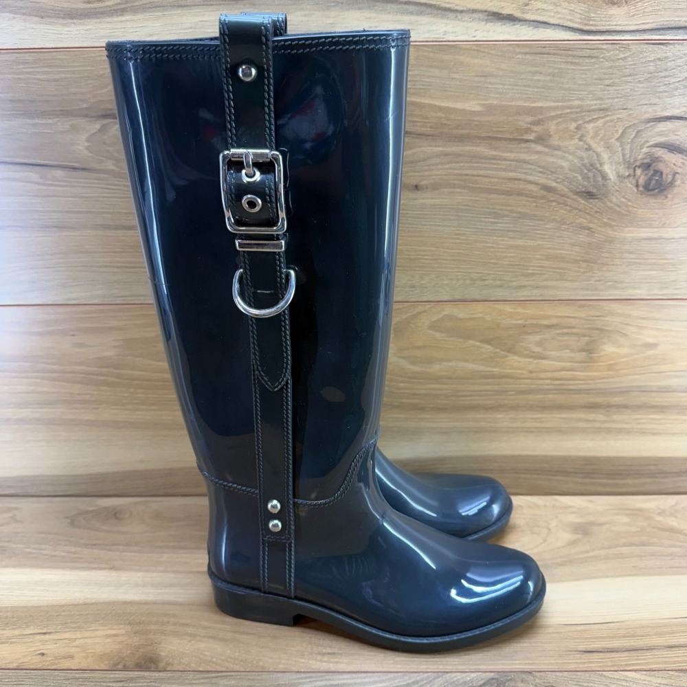 COACH Tasha Shiny Finish Graphite Rain Boots Womens 7 Buckle Y2K Tall Waterproof